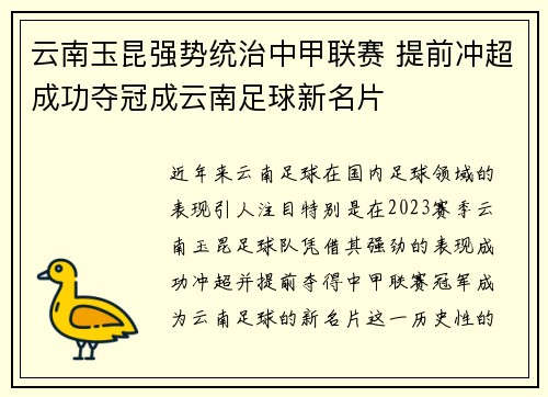 云南玉昆强势统治中甲联赛 提前冲超成功夺冠成云南足球新名片